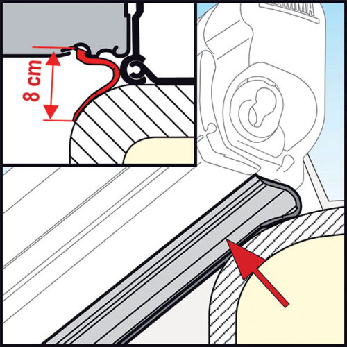 Kit Rain Guard S 550 cm FIAMMA S.P.A. installato su camper per protezione pioggia, vista laterale.