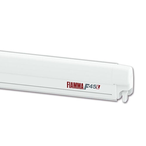 Tendalino F45 L 550 • Polar White / Sahara di FIAMMA S.P.A. esteso su un camper, vista frontale.