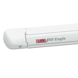 VRD8131G_1-1 Tendalino Fiamma F65 Eagle Ducato 319 Polar White / Grey esteso, vista laterale sul camper.
