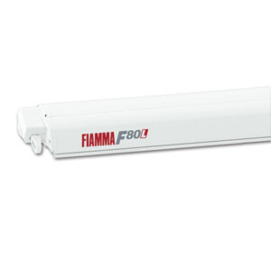 Tendalino F80 L 500 Polar White / Royal Grey esteso su camper, vista laterale.
