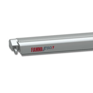 Tendalino F80L 450 • Titanium / Royal Blue aperto su un camper, mostrando la sua estensione e i colori.