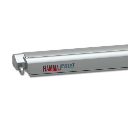 Tendalino F80L 450 • Titanium / Royal Blue aperto su un camper, mostrando la sua estensione e i colori.