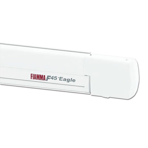Tendalino F45 Eagle 350 Polar White / Royal Grey esteso su un camper, offre ombra e comfort.
