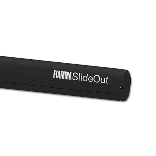 FIAMMA Slide Out 280 Deep Black / Royal Grey esteso, mostra lo spazio aggiuntivo per camper.