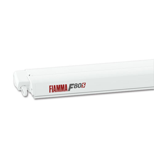 VRD9729G_1-1 Tendalino F80 S 290 Polar White / Royal Grey esteso su un camper, visione laterale