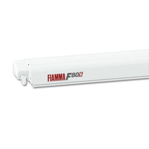 Tendalino F80 S 370 • Polar White / Royal Blue installato su camper, esteso per creare ombra.