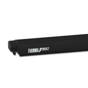Tendalino F80 S 340 • Deep Black / Royal Grey di FIAMMA S.P.A. installato su un camper, vista frontale.