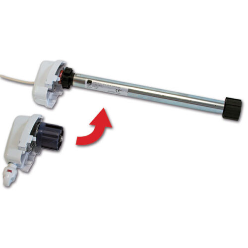 Dettaglio del Motor Kit F65 S Integrated Polar White FIAMMA S.P.A. installato su una veranda da camper, mostrando l'integrazione del motore.