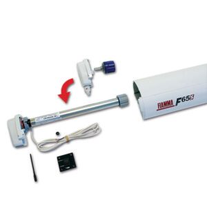 VRM1203_2-1 Immagine ravvicinata del Motor Kit F65 S, evidenziando i componenti e la finitura Polar White del sistema di automazione per verande.