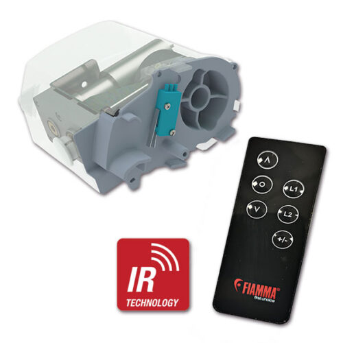 Motor Kit Plus F80S Polar White installato su tendalino FIAMMA, vista laterale che mostra il motore compatto