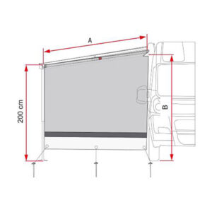 Accessorio per tendalino FIAMMA S.P.A., il Sun View Side F80s installato su un caravan, completo di kit di fissaggio.