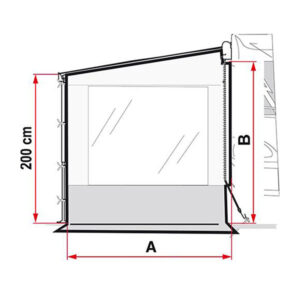 Dettaglio della parete laterale Side W Caravanstore XL, mostra il robusto tessuto grigio e il sistema di fissaggio al tendalino