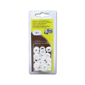 VTE13BC_1-1 Dettaglio del coprivite con tappo Ø 13 bianco, confezione blister da 20 pezzi per interni di camper.