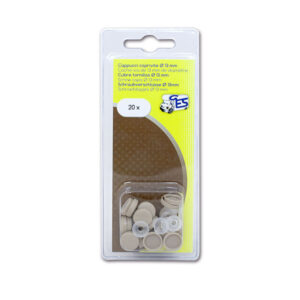 VTE16OC_1-1 Dettaglio del cappuccio coprivite Ø 13 ocra in blister, pronto per l'installazione su arredi camper.