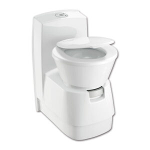 Dettaglio del sistema di scarico del WC fisso Dometic CTW4110, mostrando la robustezza della ceramica.