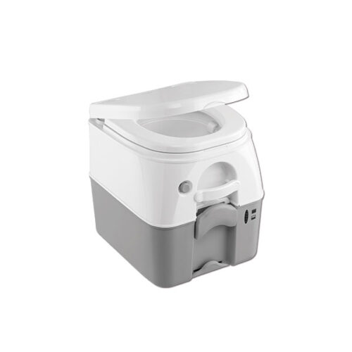 WCP402_1-1 Dometic toilette portatile 976, immagine frontale con coperchio chiuso, colore grigio e bianco.