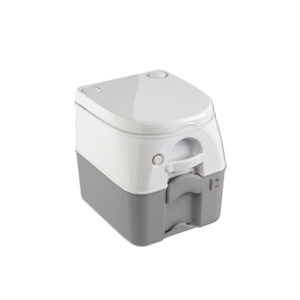 Dettaglio della toilette portatile Dometic 976, vista laterale che mostra i serbatoi separabili per la pulizia.