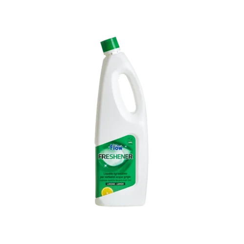 Flacone di FLOW FRESHENER LEMON 2L per toilette WC di camper e caravan, con etichetta chiara e dettagli del prodotto.