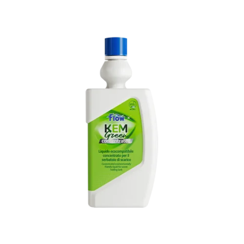 flow-kem-green-concentrated-no-ombra Flacone di FLOW KEM GREEN CONCENTRATO 750ml per toilette di camper, con etichetta chiara e dettagli del prodotto.