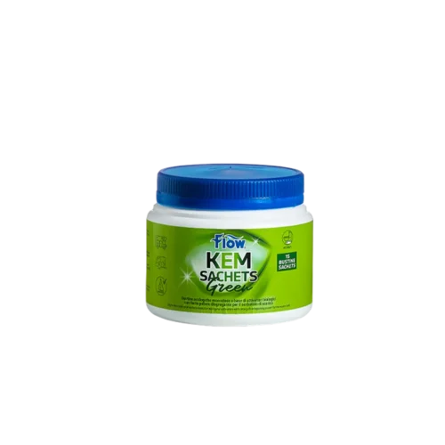flow-kem-green-sachets-no-ombra Confezione di FLOW KEM SACHETS GREEN 15 BUST 30GR per toilette chimiche, bustine predosate per camper e caravan.