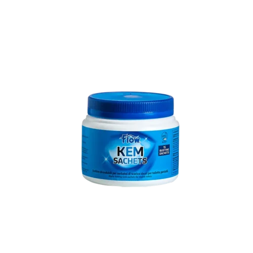 Confezione di FLOW KEM SACHETS 15 BUST 30GR per toilette chimiche di camper e caravan.