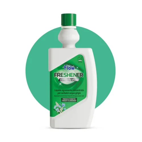 freshener-concentrato_600x Flacone di FLOW FRESHENER CONC FRESCO FIORITO 800ML per toilette camper, con etichetta chiara e dettagli del prodotto.