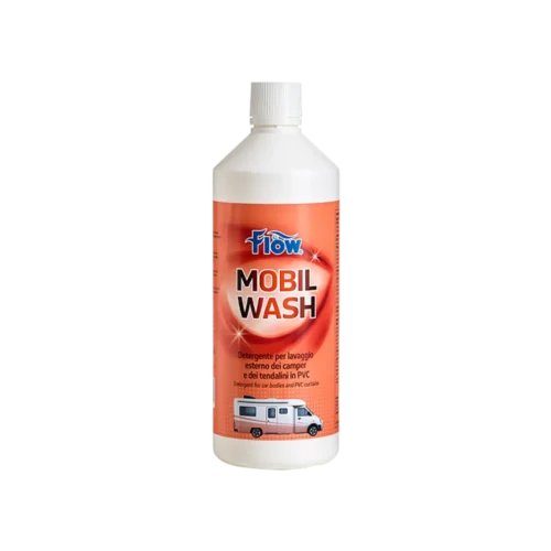 mobil-wash-no-ombra Flacone di FLOW MOBIL WASH 1L per la pulizia esterna di camper e caravan, con etichetta dettagliata del prodotto.