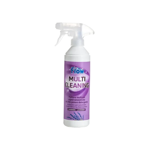 Flacone di FLOW MULTI CLEANING SPRAY LAVANDA 500ML su superficie pulita, con schiuma attiva.