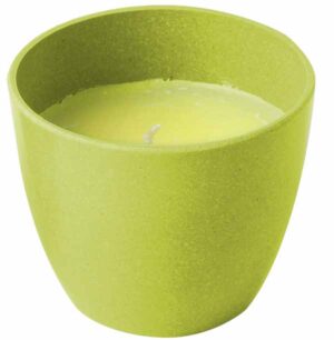 Candela alla citronella S posizionata vicino a un camper, con natura sullo sfondo