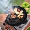 Meat,And,Sausages,On,The,Grill. Immagine della Griglia Devil Grill Plate smontata e riposta, dimostra la sua compattezza e facilità di trasporto per gli accessori outdoor.